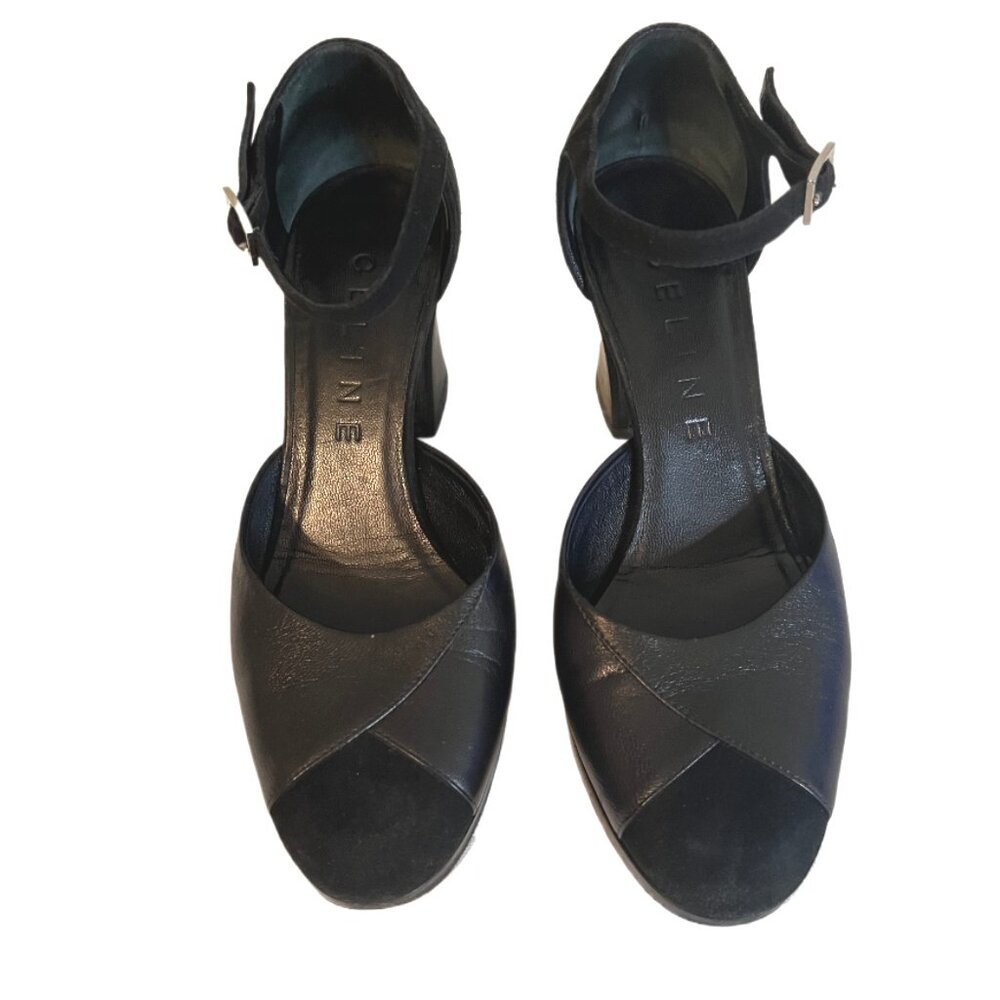 Celine Blk Leather/Suede Mary Jane’s Round Toe Chunky Heels Gold Buckle Size 37 - Picture 7 of 13